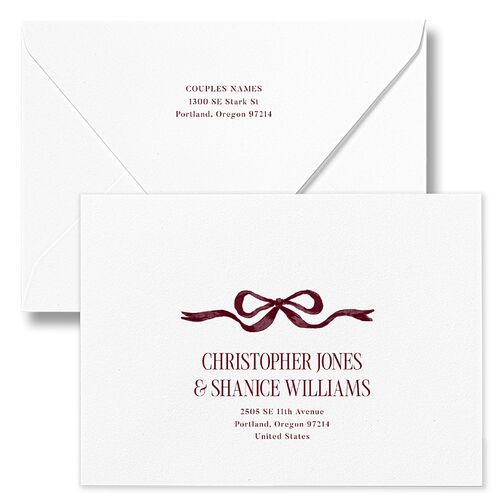 Whimsical Hand Drawn Bow Bridal Shower Invitation Euro Envelopes White Burgundy Both Recipient and Return Addresses Luxe Signature