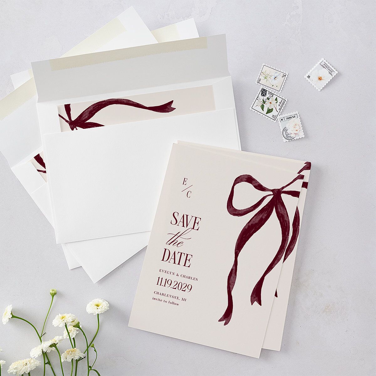 Whimsical Hand Drawn Bow Save the Date Cards Burgundy Signature smooth Blank No Standard