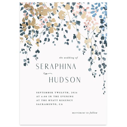 Cascading Florals Wedding Invitations Gold Moody Blue Signature Blank No