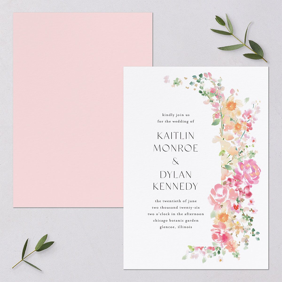 Pastel Flower Arch Wedding Invitations Gold Pink Cotton Signature Blank No