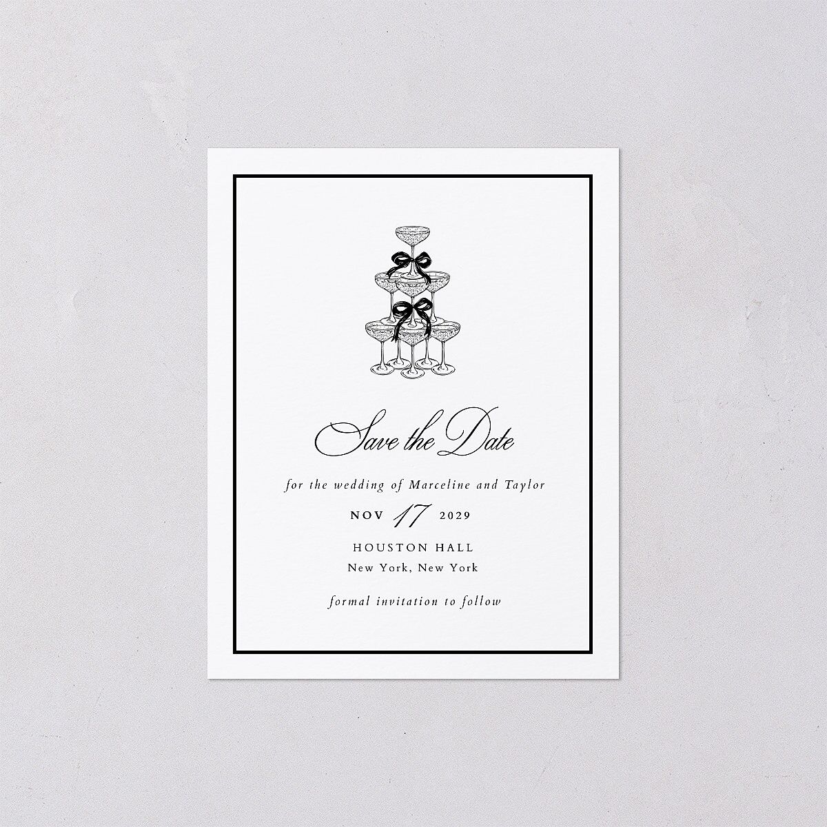 Classic Champagne with Bows Save the Date Petite Cards Pure White Signature smooth Blank No Standard