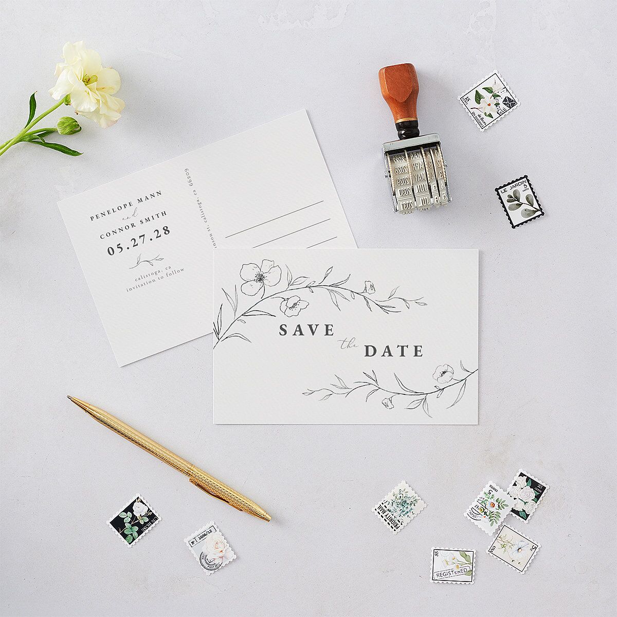 Graceful Botanical Save The Date Postcards Shadow Gray