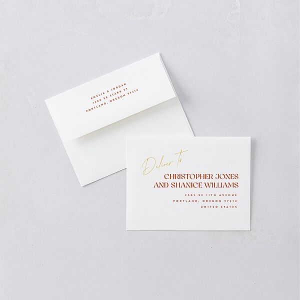 Wedding Of The Century Save the Date Magnet Envelopes White Burnt Orange Both Recipient and Return Addresses Signature Standard