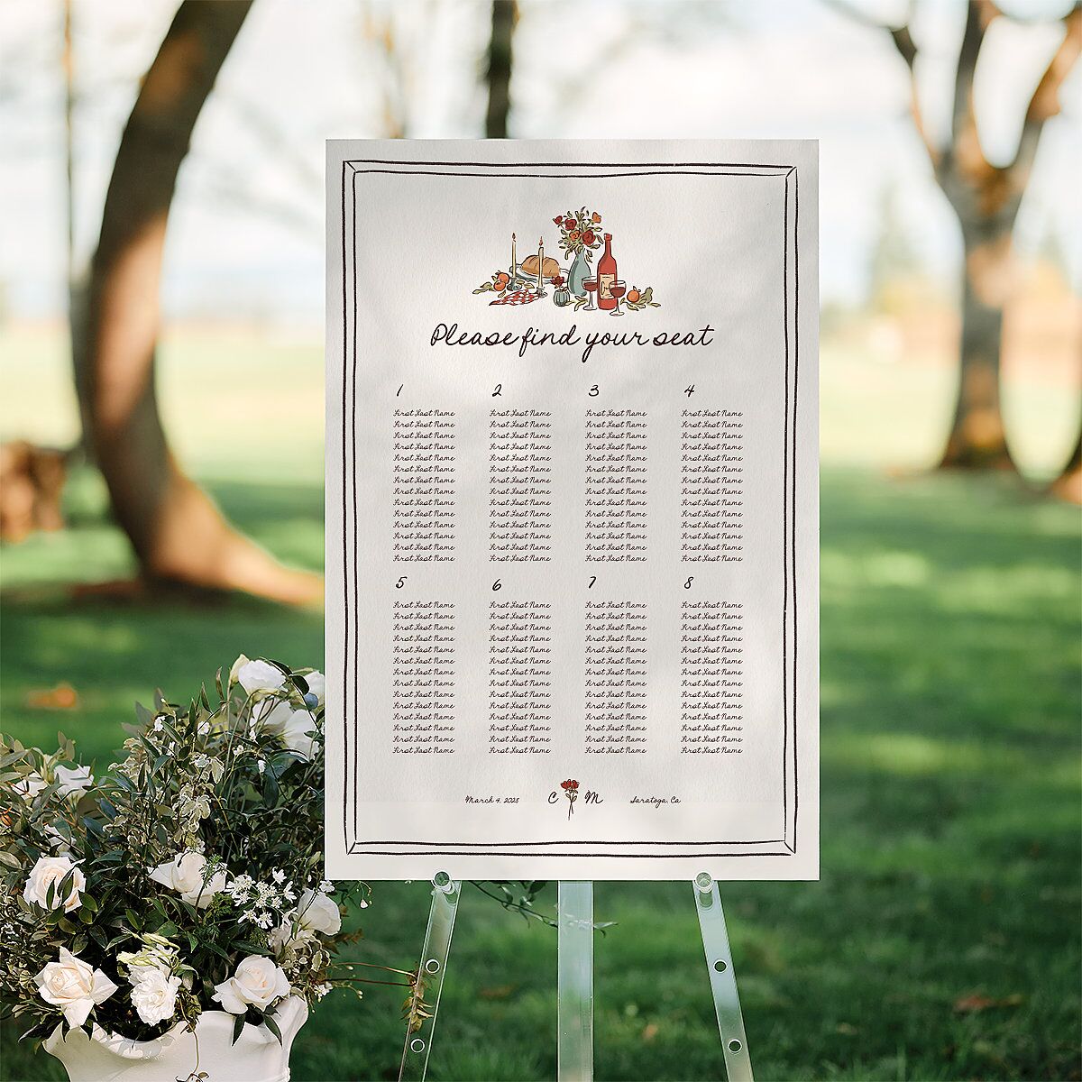 Hand Drawn Tablescape Standard Seating Chart Large Linen Standard Indoor Foam Core L Seating