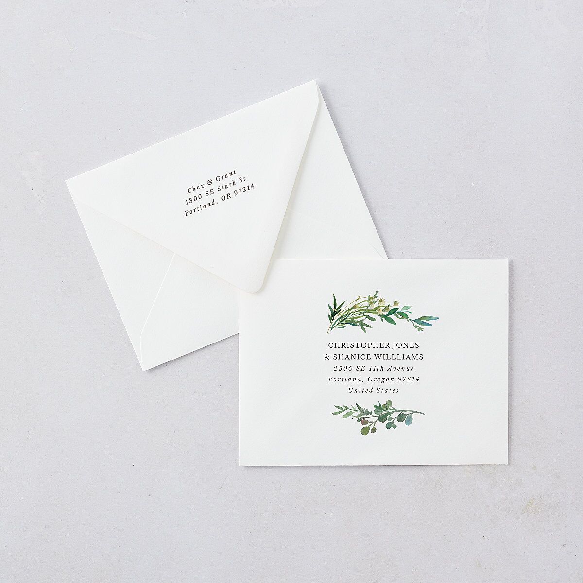 Leafy Hoops Save the Date Magnet Euro Envelopes White Eucalyptus Both Recipient and Return Addresses Luxe Signature