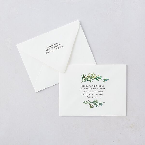 Leafy Hoops Save the Date Magnet Euro Envelopes White Eucalyptus Both Recipient and Return Addresses Luxe Signature