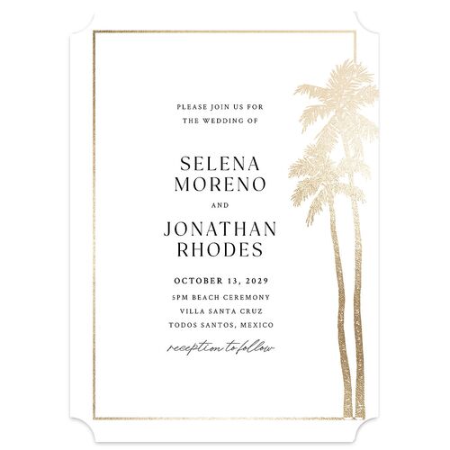 Classic Palm Trees Foil Wedding Invitations Gold Pure White Signature Blank No Ticket