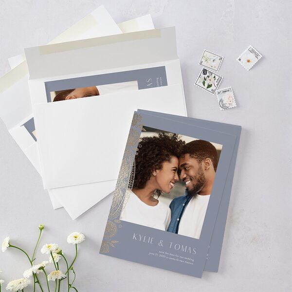 Santa Fe Save The Date Cards Gold Dusty Blue Signature smooth Blank No Standard