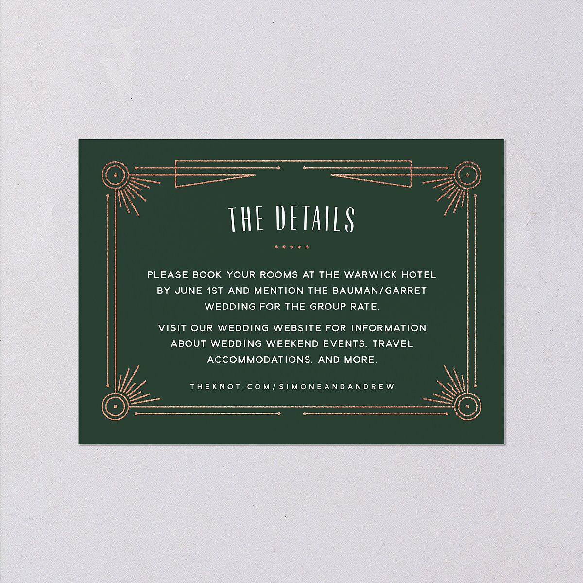 Ornate Elegance Wedding Event Detail Cards Rose Gold Dark Emerald Signature