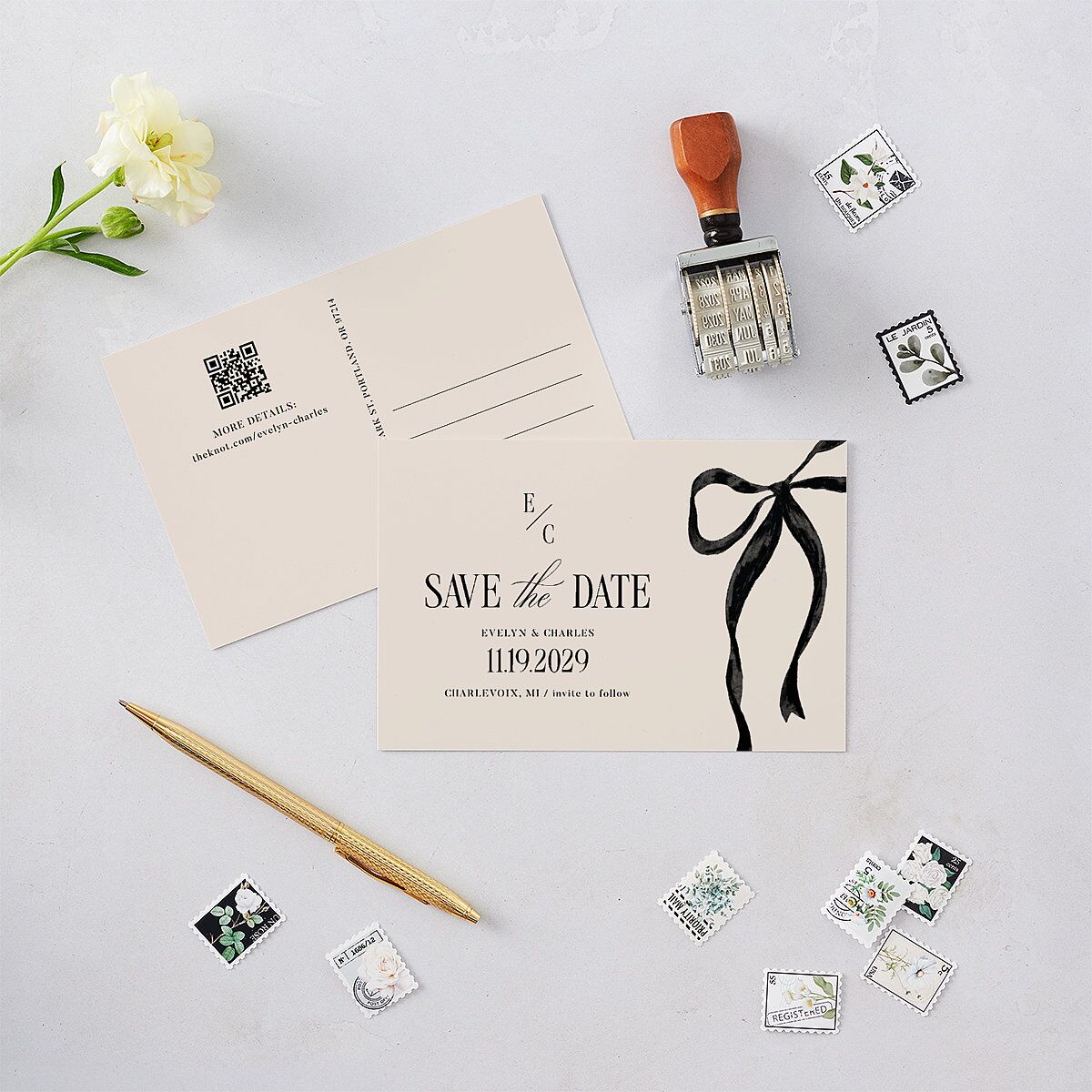 Whimsical Hand Drawn Bow Save the Date Postcards Linen