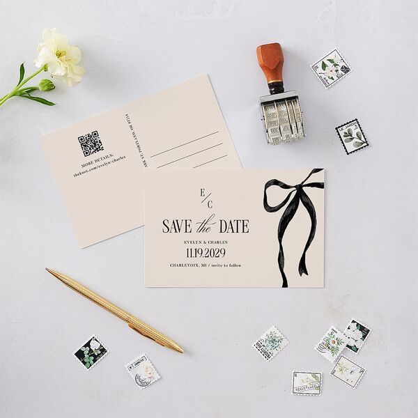 Whimsical Hand Drawn Bow Save the Date Postcards Linen