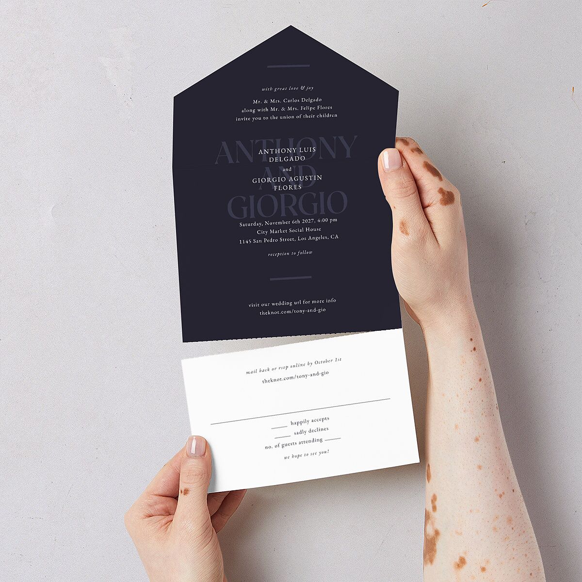 Gilded Bold All-in-One Wedding Invitations Navy Signature Light Both Recipient and Return Addresses No