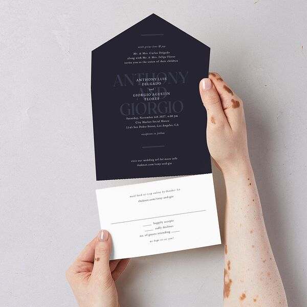Gilded Bold All-in-One Wedding Invitations Navy Signature Light Both Recipient and Return Addresses No
