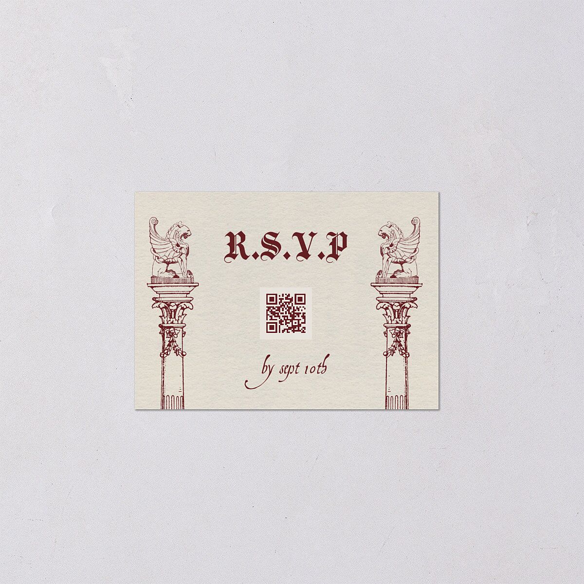 Gothic Medieval Arch QR Code RSVP Cards Burgundy Signature Standard
