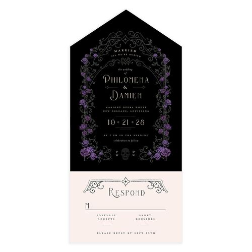 Gothic Gate All-in-One Wedding Invitations Plum Signature Light Both Recipient and Return Addresses No