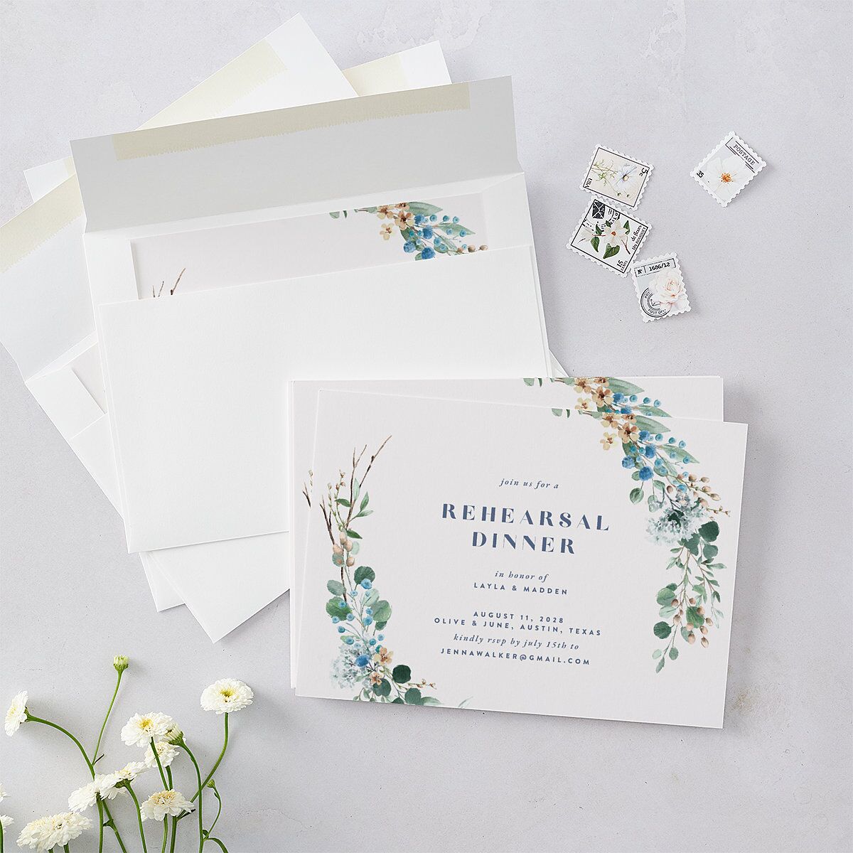 Rustic Greenery Rehearsal Dinner Invitations Cornflower Signature Blank