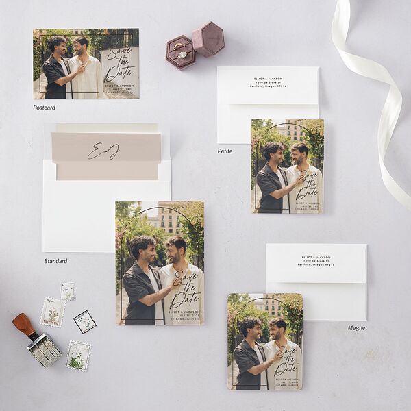 Scripted Arch Save the Date Postcards Deep Bronze