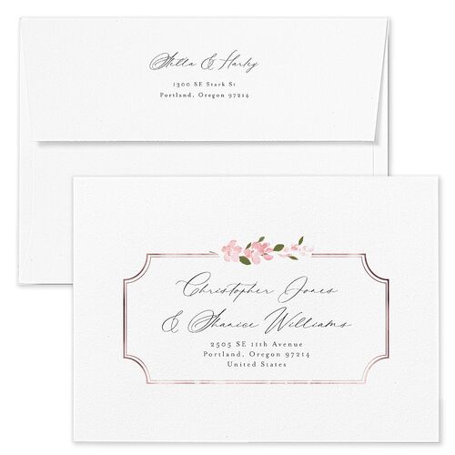 Delphinium Crest Save The Date Card Envelopes White Shell Pink Both Recipient and Return Addresses Signature Standard