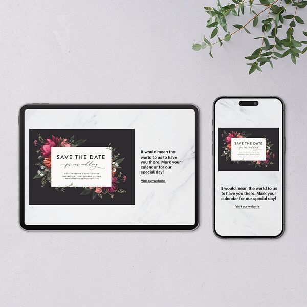 Blooming Botanical Digital Save the Date Cards Midnight Dusty Blue Lets Celebrate Standard