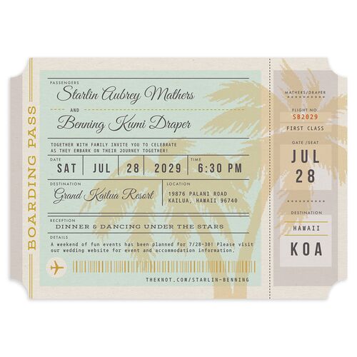 Retro Boarding Pass Travel Ticket Wedding Invitations Mint Green Signature Blank No Ticket