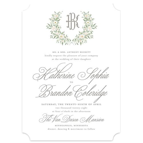 Luxury Floral Monogram Wedding Invitations Cotton Signature Blank No Ticket