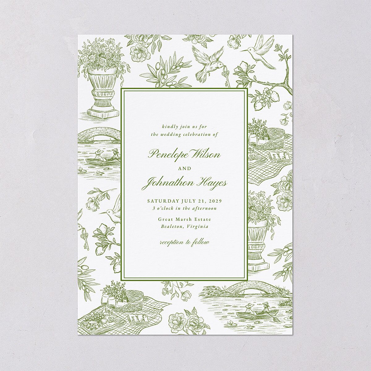 Elegant Italian Toile Wedding Invitations Greenery Signature Blank No Standard