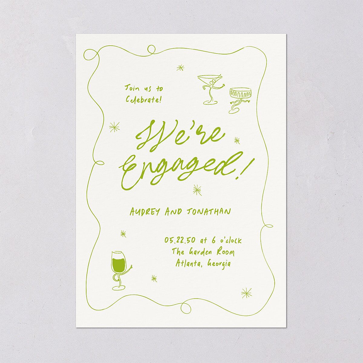 Whimsical Dancing Cocktails Engagement Party Invitations Pear Signature Blank Standard