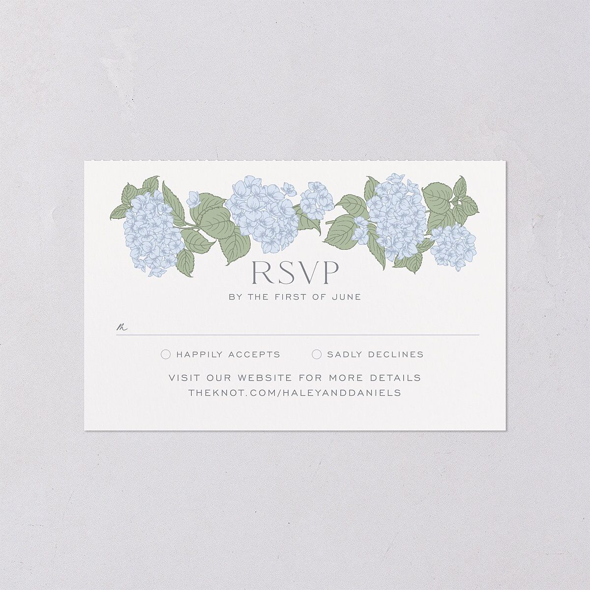 Vintage Hydrangea Frame All-in-One Wedding Invitations Dusty Blue Signature Light Both Recipient and Return Addresses No