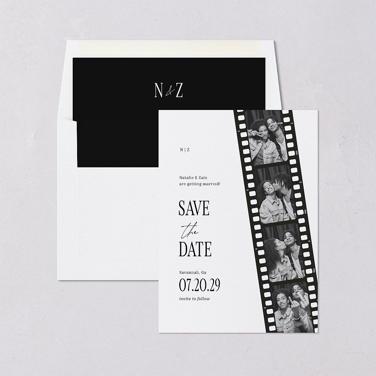 Vintage Film Reel Photo Strip Save the Date Cards Pure White Signature smooth Blank No Standard