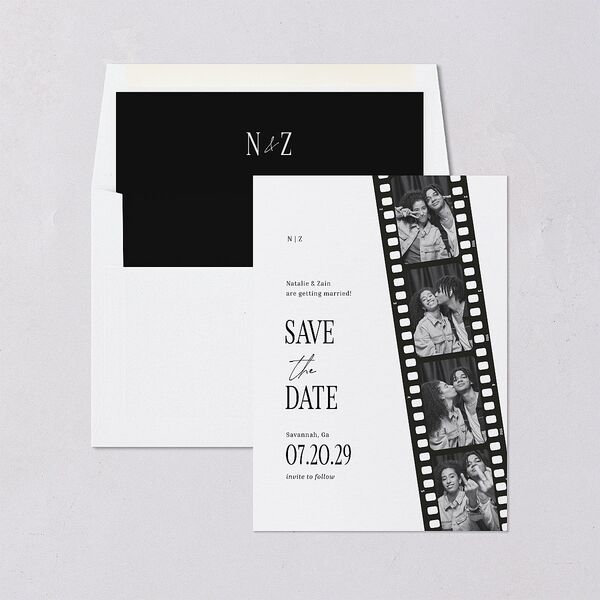 Vintage Film Reel Photo Strip Save the Date Cards Pure White Signature smooth Blank No Standard