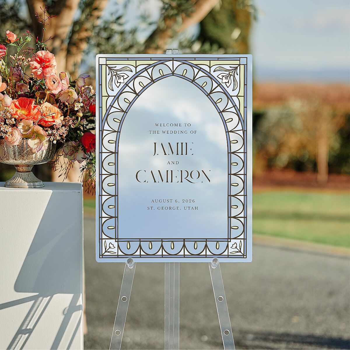 Church Stained Glass Mirrored Acrylic Welcome Sign Medium Moody Blue Mirrored Acrylic M Welcome Standard