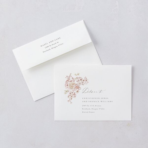 Luxury Floral Rehearsal Dinner Invitation Envelopes White Desert Rose Both Recipient and Return Addresses Signature Standard