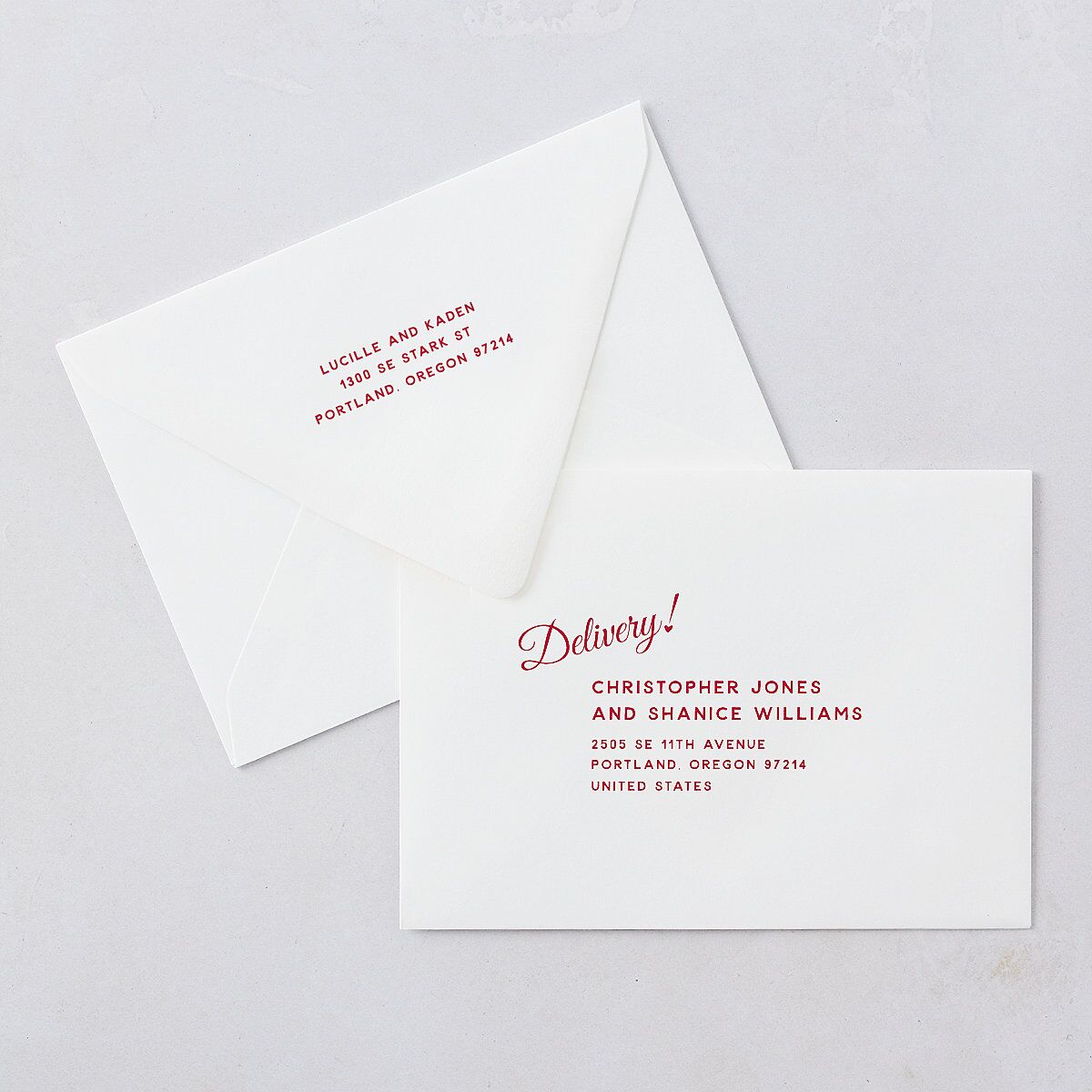 Vintage Heart Locket Wedding Invitation Euro Envelopes Crimson White Both Recipient and Return Addresses Luxe Signature