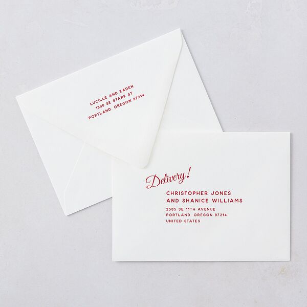 Vintage Heart Locket Wedding Invitation Euro Envelopes Crimson White Both Recipient and Return Addresses Luxe Signature