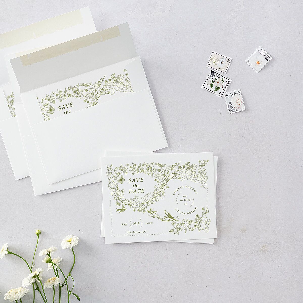 Vintage Toile Save the Date Petite Cards Dark Camo Signature smooth Blank No Standard