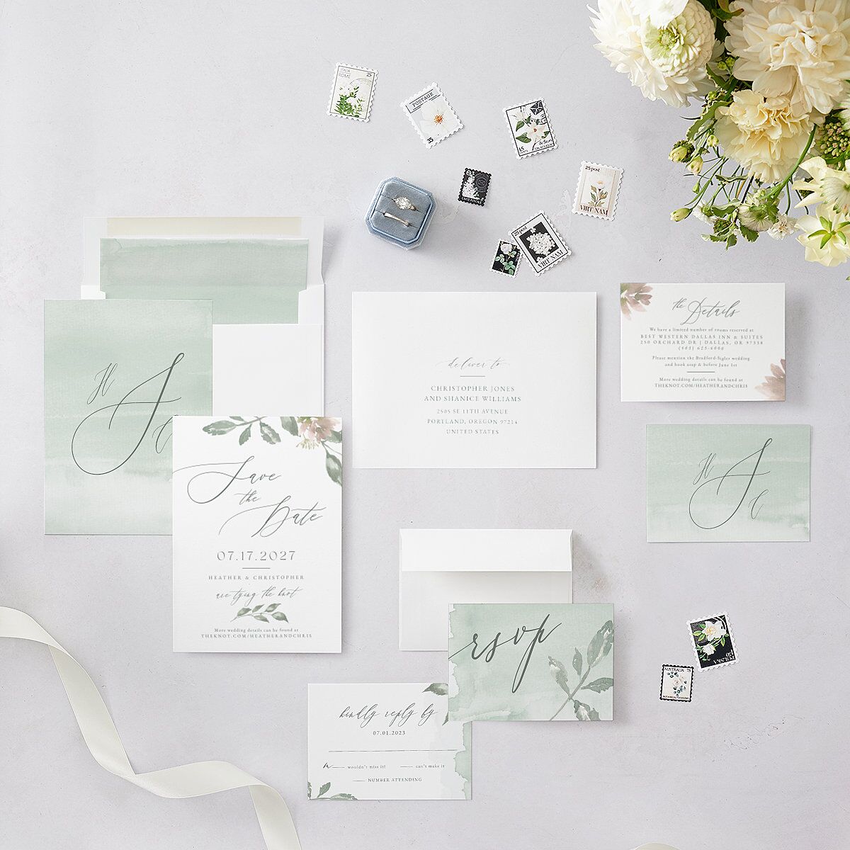 Dusted Calligraphy Save The Date Cards Sea Foam Signature smooth Blank No Standard