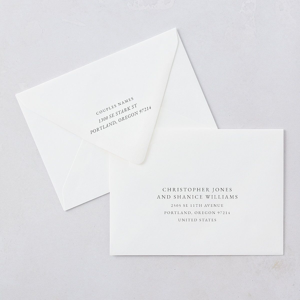 Romantic Garden Wedding Invitation Euro Envelopes White Luxe Peach Pink Both Recipient and Return Addresses Signature