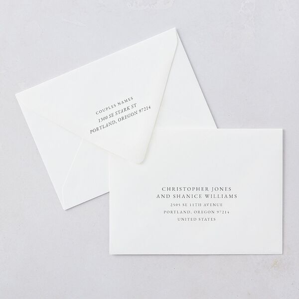 Romantic Garden Wedding Invitation Euro Envelopes White Luxe Peach Pink Both Recipient and Return Addresses Signature