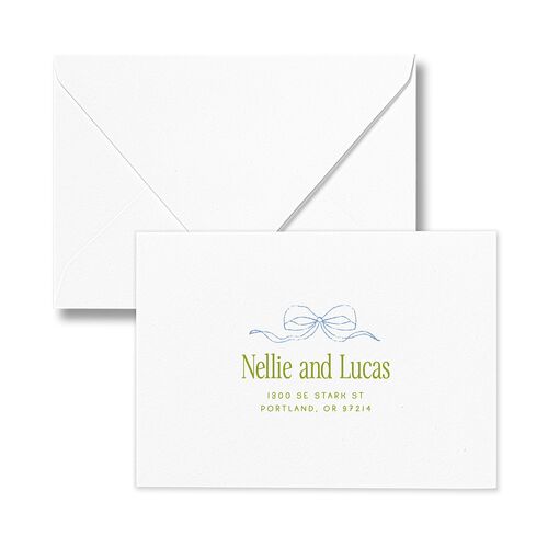 Modern Delicate Bows Response Card Euro Envelopes Peridot White Return Address Luxe
