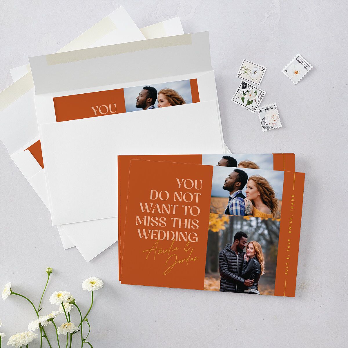 Wedding of the Century Save The Date Cards Burnt Orange Signature smooth Blank No Standard