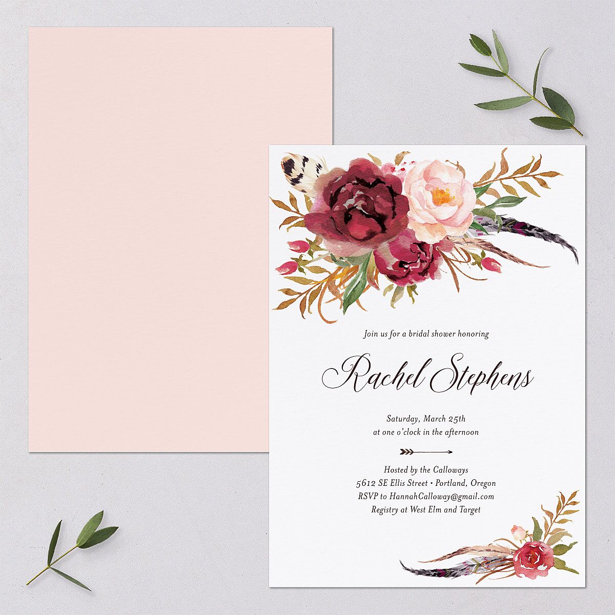 Bohemian Floral Bridal Shower Invitations Merlot Signature Blank Standard