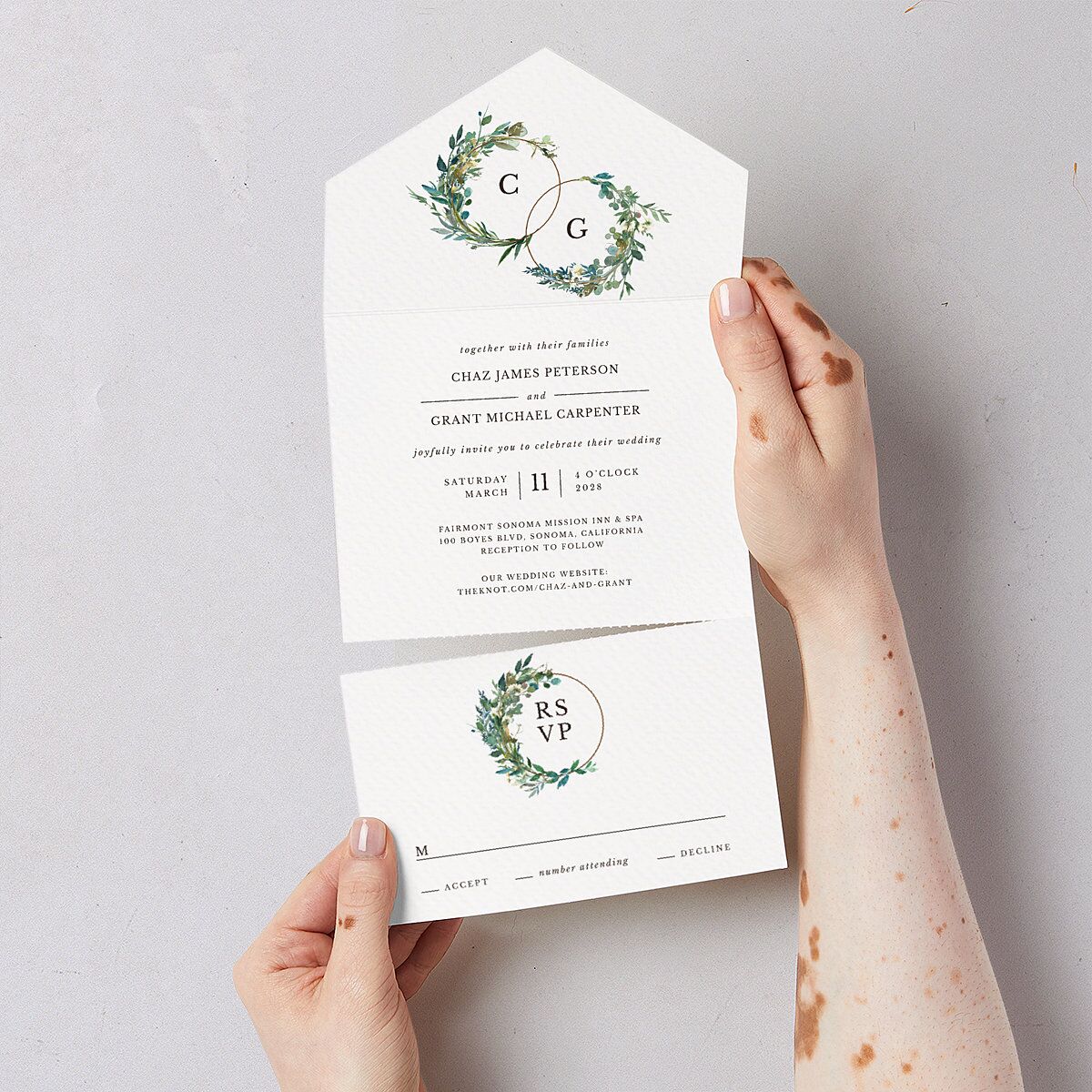 Leafy Hoops All-in-One Wedding Invitations Eucalyptus Signature Light Both Recipient and Return Addresses No