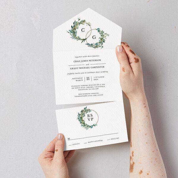 Leafy Hoops All-in-One Wedding Invitations Eucalyptus Signature Light Both Recipient and Return Addresses No