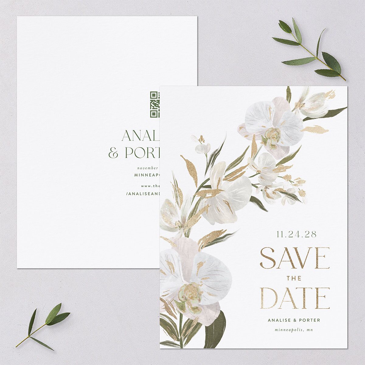 Elegant Orchid Foil Save the Date Cards Gold Pure White Signature smooth Blank No Standard