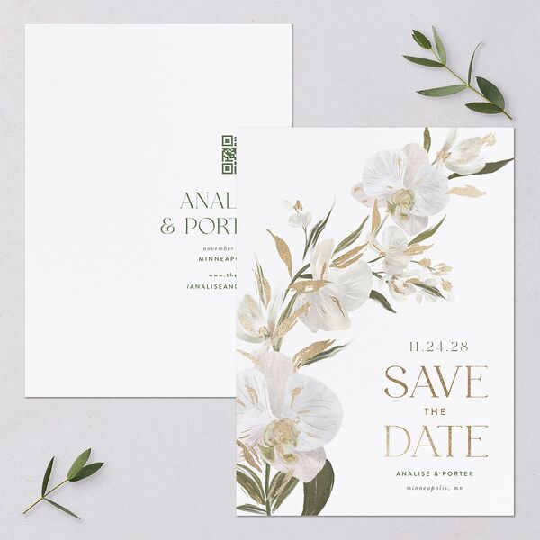Elegant Orchid Foil Save the Date Cards Gold Pure White Signature smooth Blank No Standard