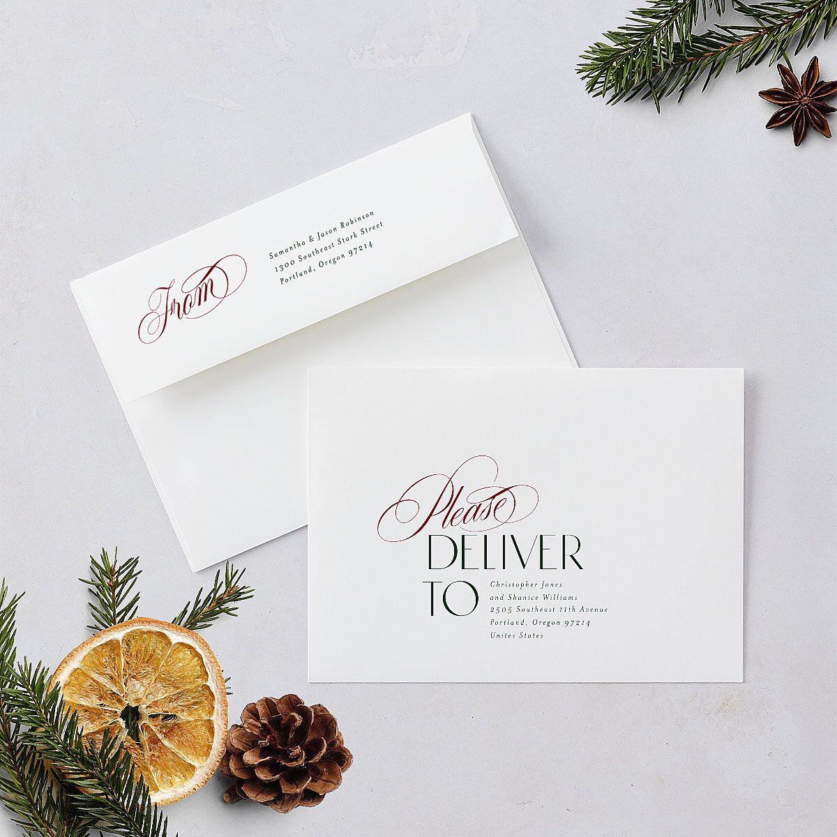 Just Married Christmas Holiday Card Envelopes Jewel Red White Both Recipient and Return Addresses Standard Signature