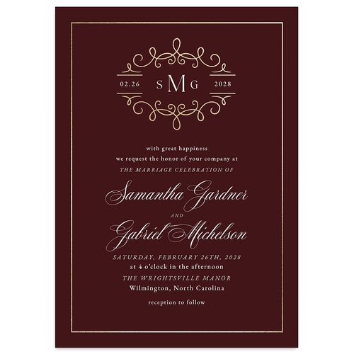 Monogram Flourish Foil Wedding Invitations Burgundy Gold Signature Blank No Standard