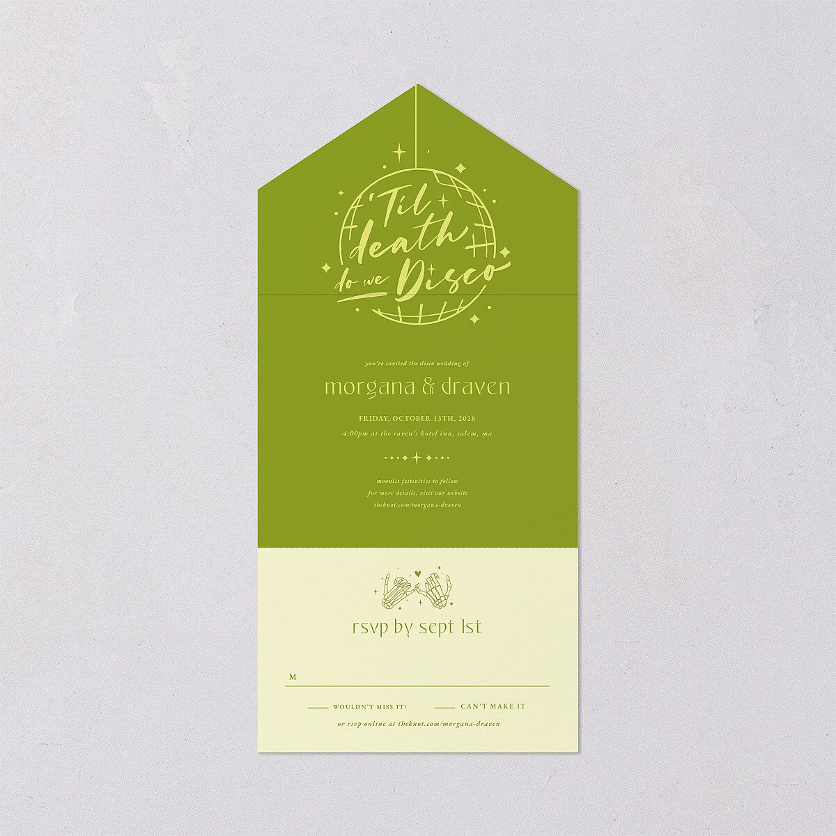 Til Death Do We Disco All-in-One Wedding Invitations Pear Signature Light Both Recipient and Return Addresses No