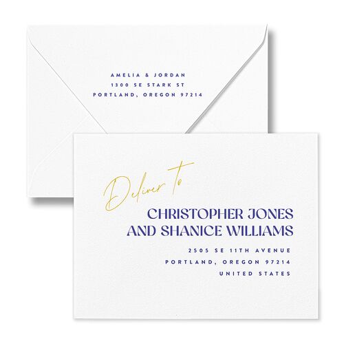 Wedding Of The Century Save the Date Petite Card Euro Envelopes White Sapphire Both Recipient and Return Addresses Luxe Signature
