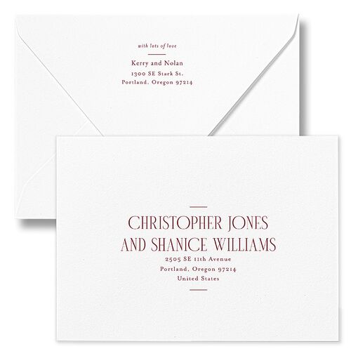 Cosmopolitan Rehearsal Dinner Invitation Euro Envelopes White Deep Claret Both Recipient and Return Addresses Luxe Signature